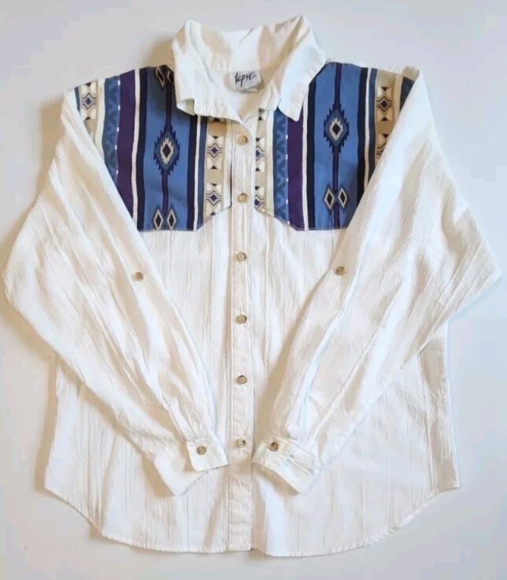 Vtg 80s Womens Aztec Southwestern Shirt Sz Med White Navajo Long Sleeve Cotton